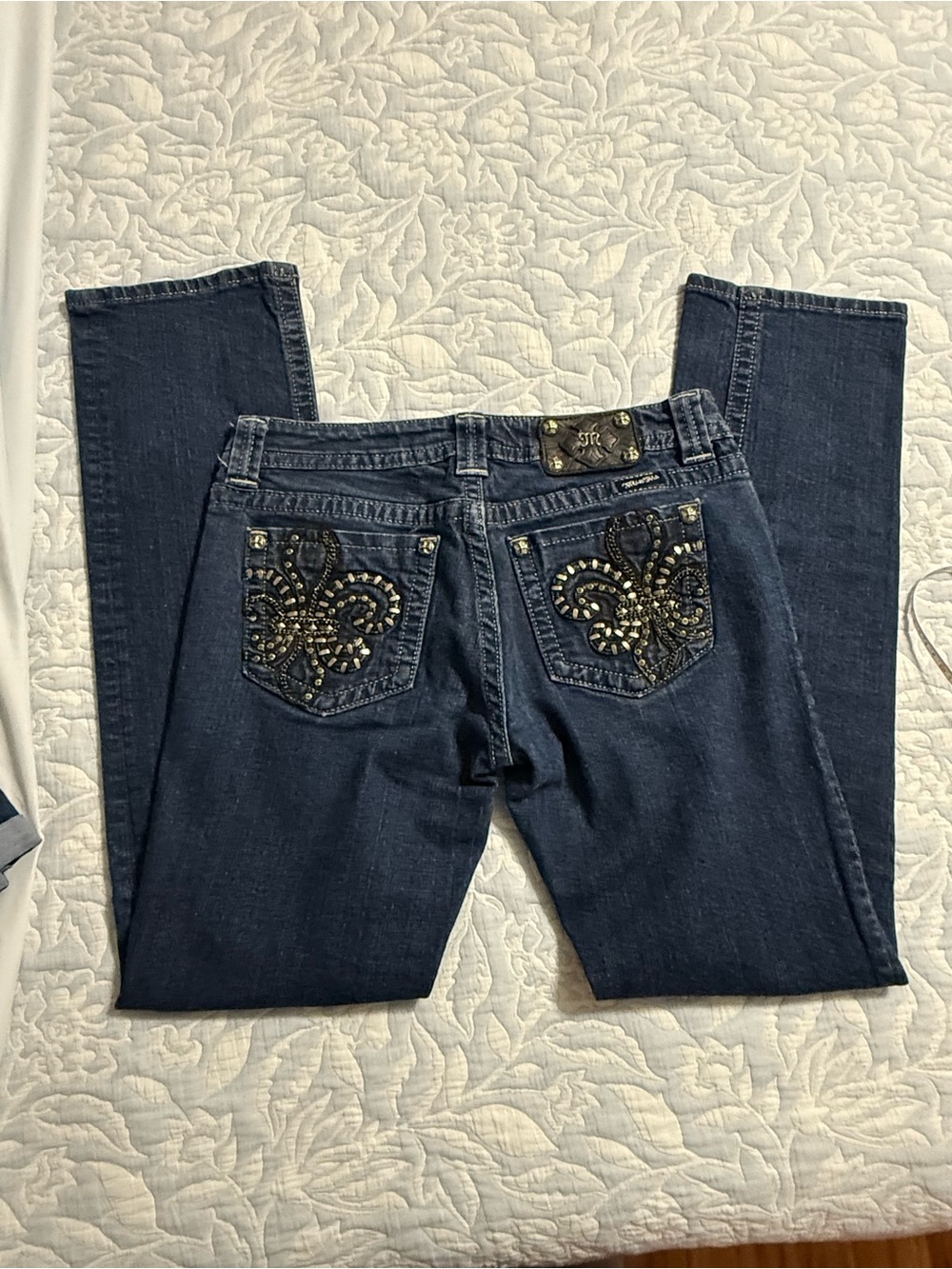 Miss Me Dark Blue Skinny Jeans with Embellished Fleur-de-Lis Pockets